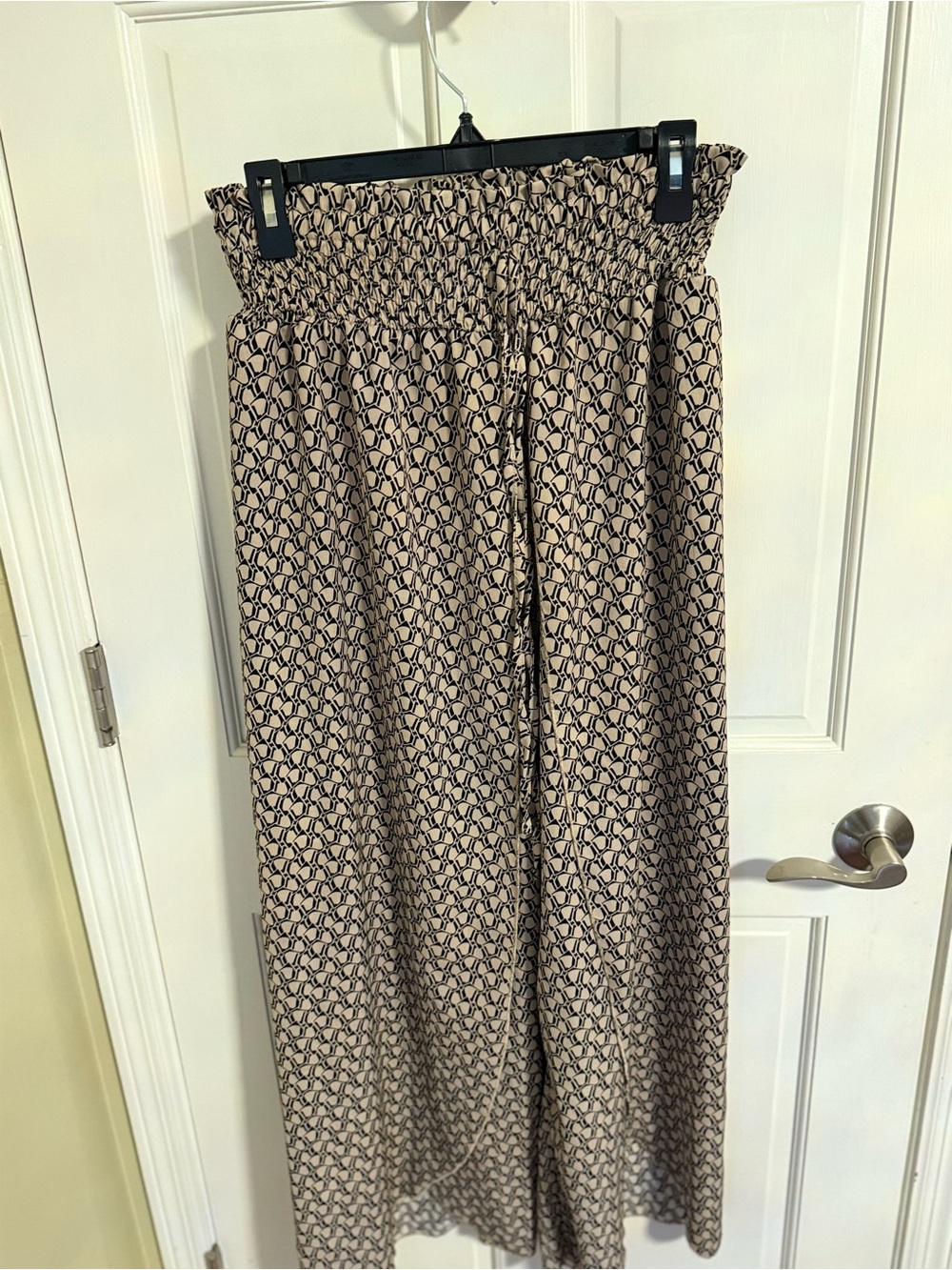 SHEIN Beige and Black Patterned Smocked Waist Wide Leg Pants